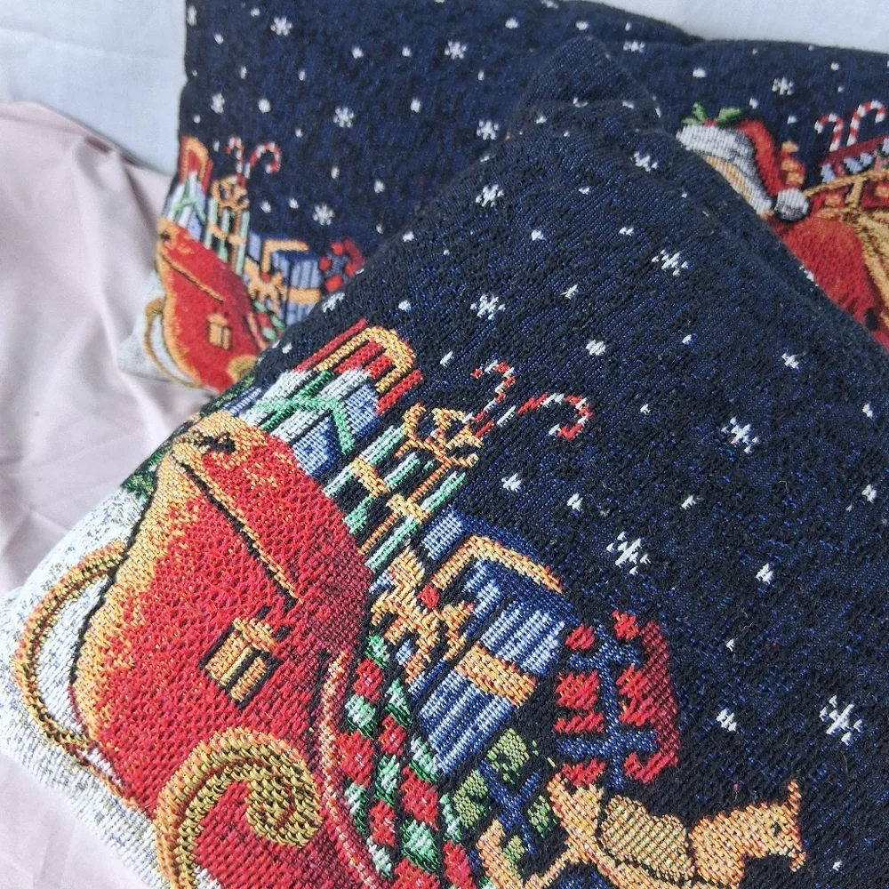 2 Tapestry Christmas Double Sided Reversible Throw Pillows Santa Ornaments Sofa